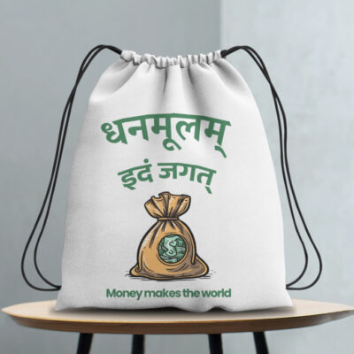 AOP Drawstring Bag - Dhanamūlam idaṃ jagat